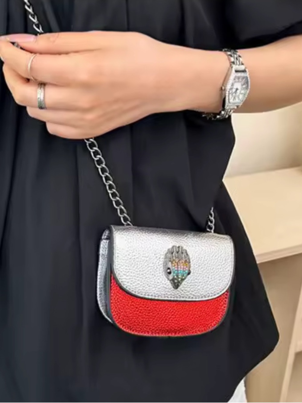 Kurt Geiger Silver & Red Mini Chain Crossbody Bag 12cm x 4cm x9cm
